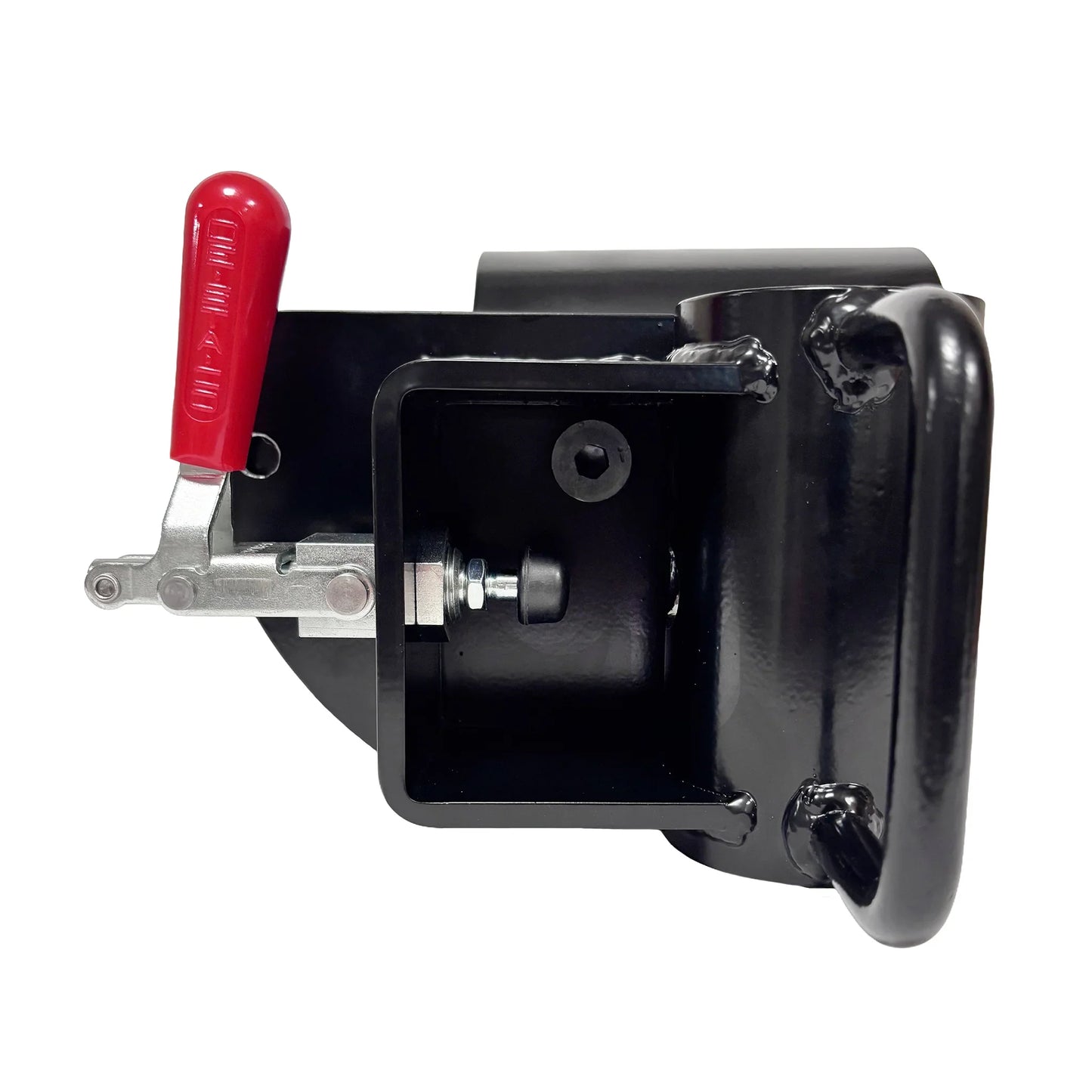 Toggle clamp bumper installed on the Half-Gate shown in its open position to demonstrate proper placement before suring arm height. 